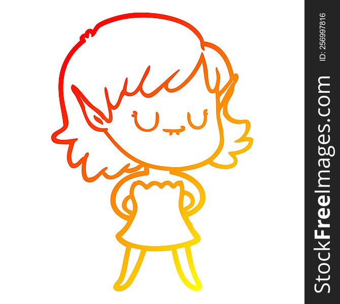 Warm Gradient Line Drawing Happy Cartoon Elf Girl Wearing Dress
