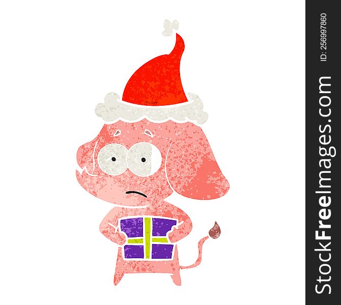 hand drawn retro cartoon of a unsure elephant with christmas present wearing santa hat