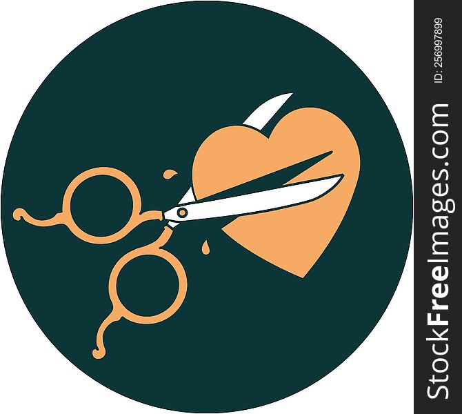 iconic tattoo style image of scissors cutting a heart. iconic tattoo style image of scissors cutting a heart