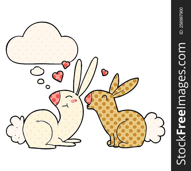 cartoon rabbits in love and thought bubble in comic book style