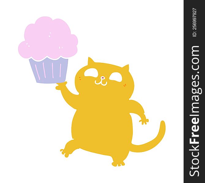 Flat Color Style Cartoon Cat With Cupcake