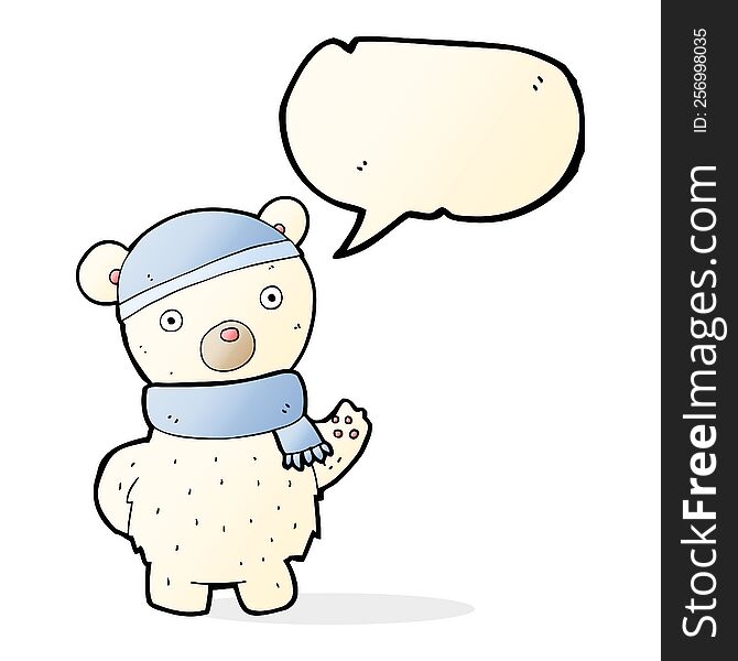cartoon polar bear in winter hat and scarf with speech bubble