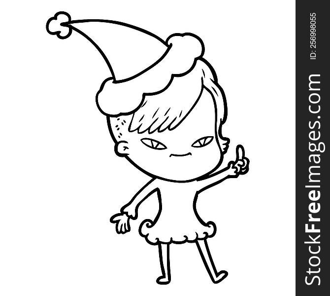 cute hand drawn line drawing of a girl with hipster haircut wearing santa hat
