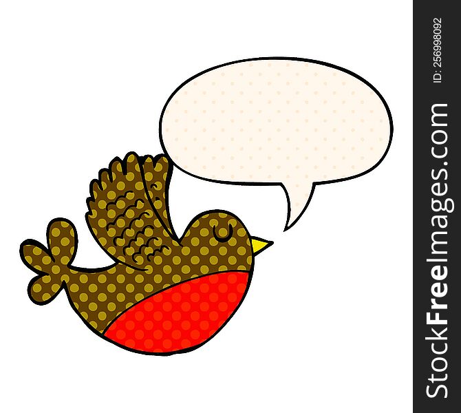 cartoon flying bird with speech bubble in comic book style