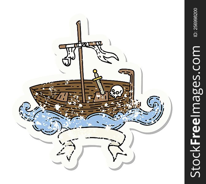 grunge sticker of tattoo style empty boat with skull