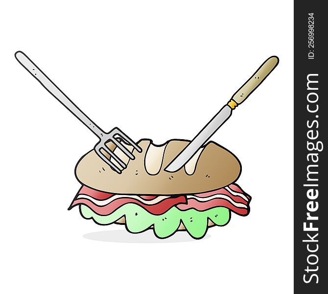 freehand drawn cartoon knife and fork cutting huge sandwich