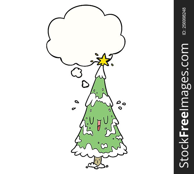 cartoon christmas tree with thought bubble. cartoon christmas tree with thought bubble