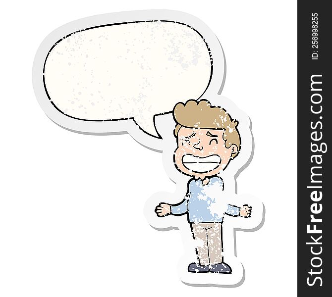 Cartoon Boy Shrugging And Speech Bubble Distressed Sticker