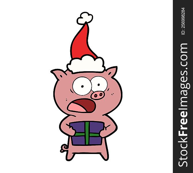hand drawn line drawing of a pig with christmas present wearing santa hat