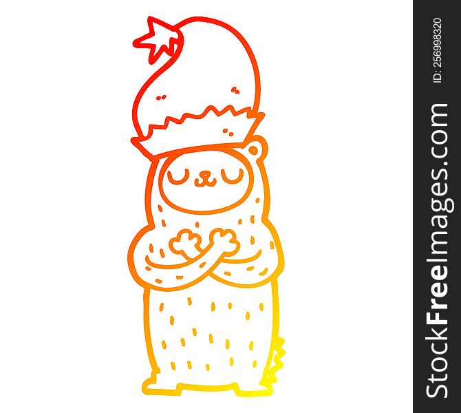 Warm Gradient Line Drawing Cartoon Bear Wearing Christmas Hat