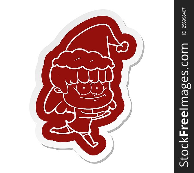 quirky cartoon  sticker of a smiling woman wearing santa hat
