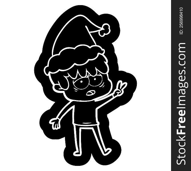 quirky cartoon icon of a exhausted boy wearing santa hat