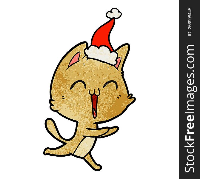 happy hand drawn textured cartoon of a cat meowing wearing santa hat. happy hand drawn textured cartoon of a cat meowing wearing santa hat