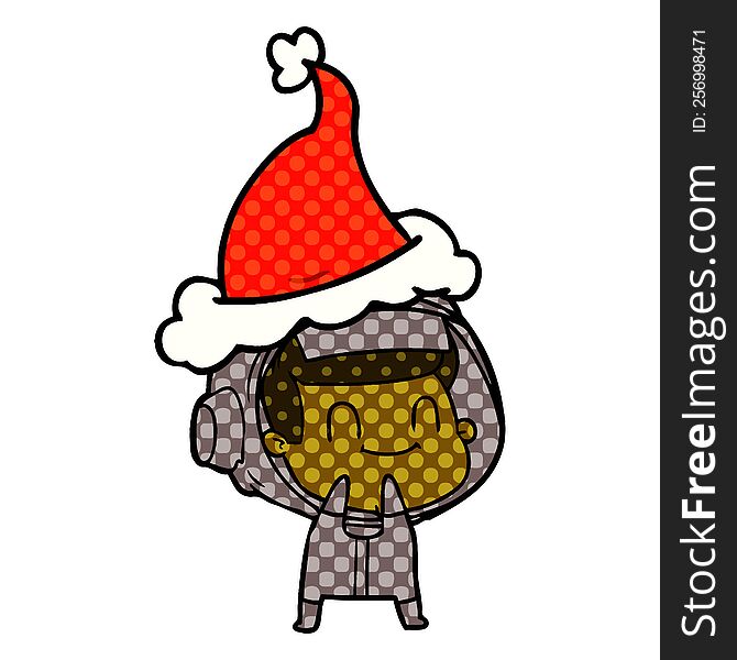 Happy Comic Book Style Illustration Of A Astronaut Wearing Santa Hat