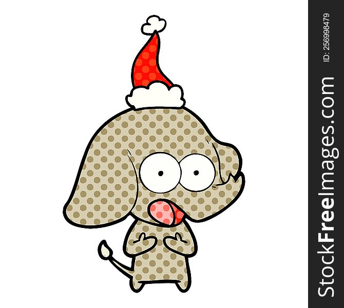 Cute Comic Book Style Illustration Of A Elephant Wearing Santa Hat