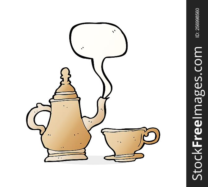 cartoon coffee pot and cup with speech bubble