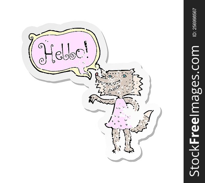retro distressed sticker of a cartoon wolf girl saying hello