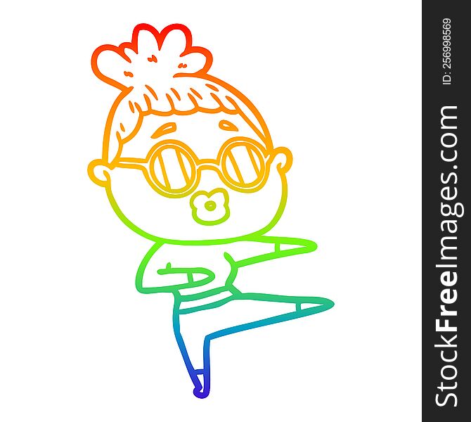 rainbow gradient line drawing of a cartoon dancing woman wearing sunglasses