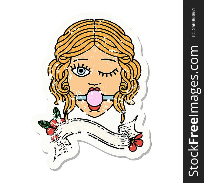 grunge sticker with banner of winking female face with ball gag