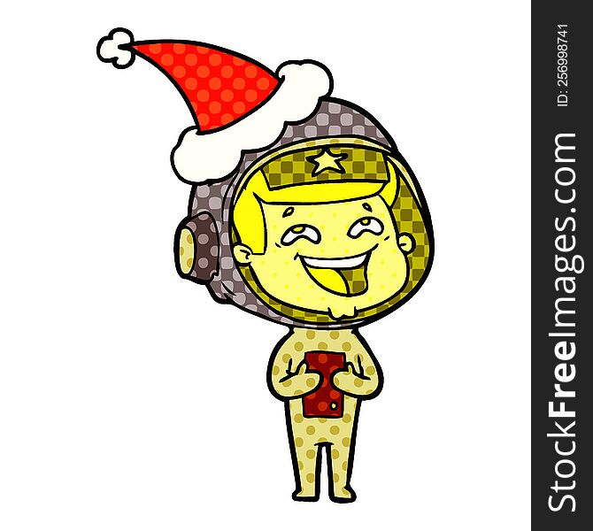 Comic Book Style Illustration Of A Laughing Astronaut Wearing Santa Hat