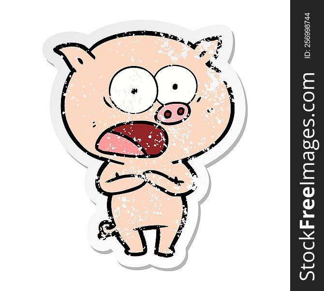 Distressed Sticker Of A Cartoon Pig Shouting