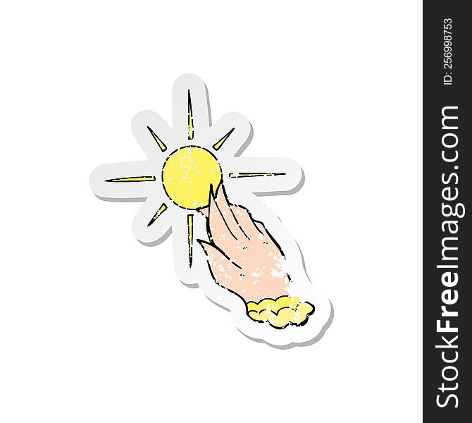 retro distressed sticker of a cartoon hand reaching for sun