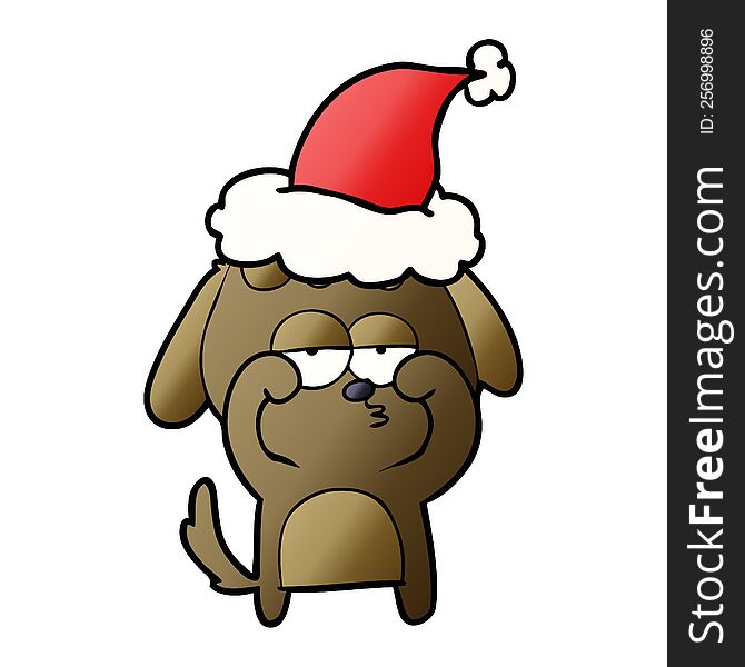 hand drawn gradient cartoon of a tired dog wearing santa hat