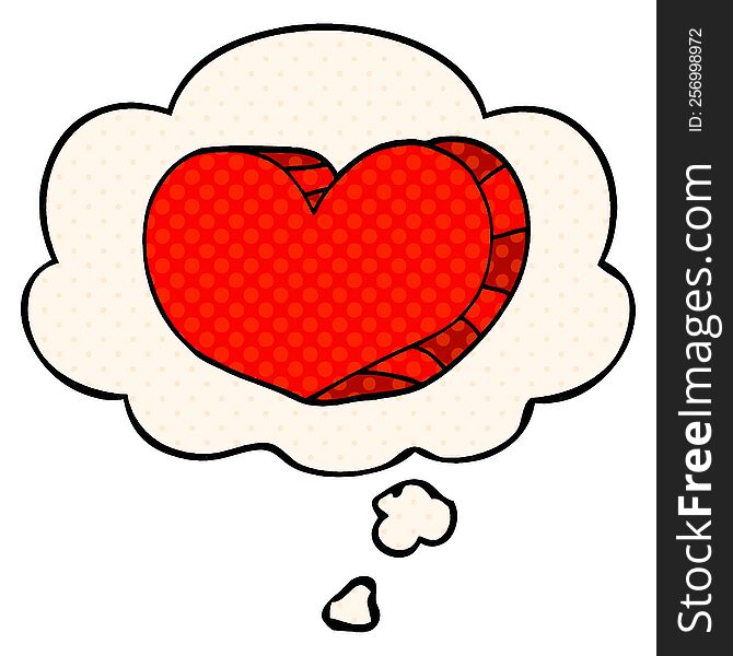 cartoon love heart with thought bubble in comic book style