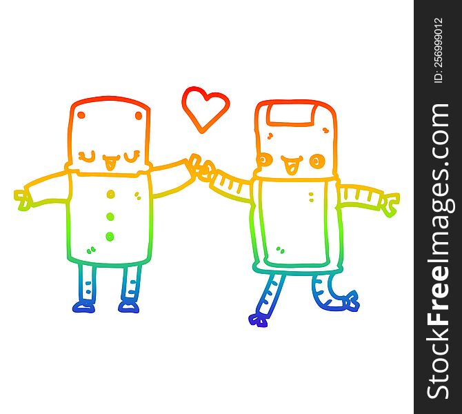 rainbow gradient line drawing of a cartoon robots in love