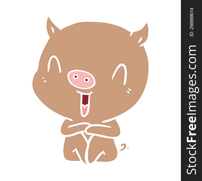Happy Flat Color Style Cartoon Sitting Pig