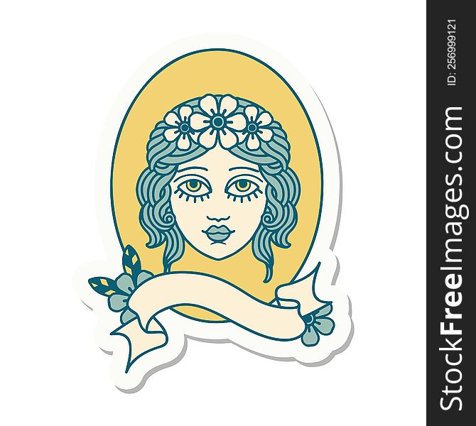 tattoo style sticker with banner of a maiden with flowers in her hair. tattoo style sticker with banner of a maiden with flowers in her hair