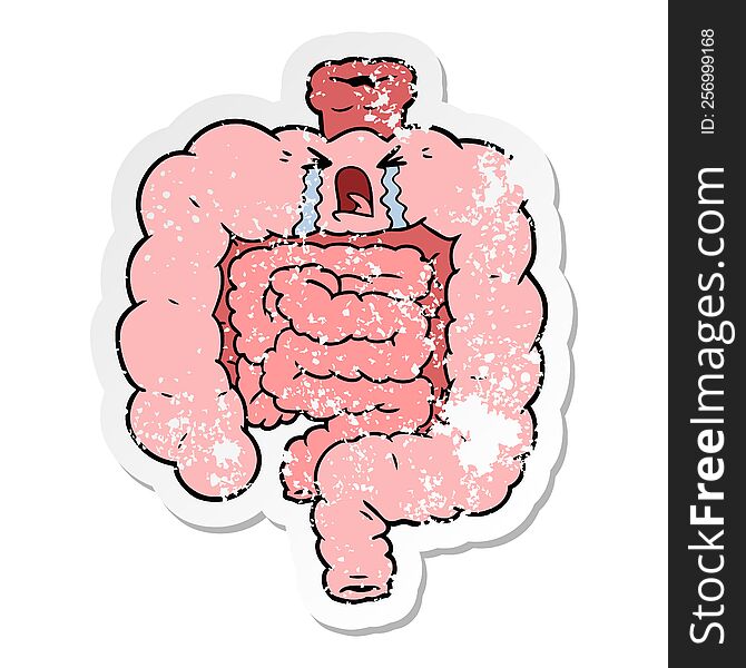 distressed sticker of a cartoon intestines crying