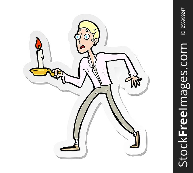 Sticker Of A Cartoon Frightened Man Walking With Candlestick