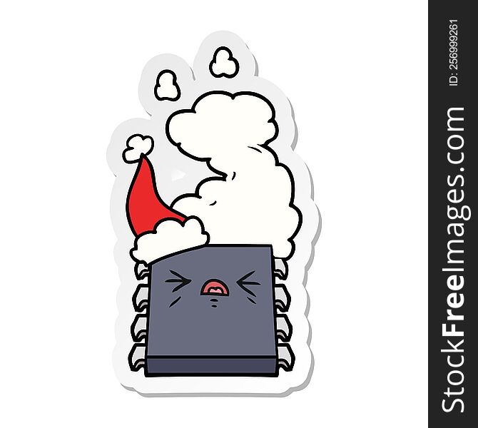 hand drawn sticker cartoon of a overheating computer chip wearing santa hat