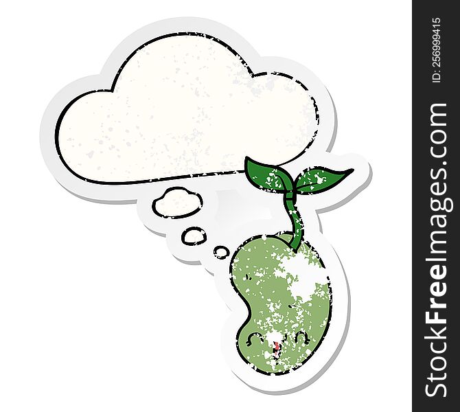 cute cartoon seed sprouting with thought bubble as a distressed worn sticker