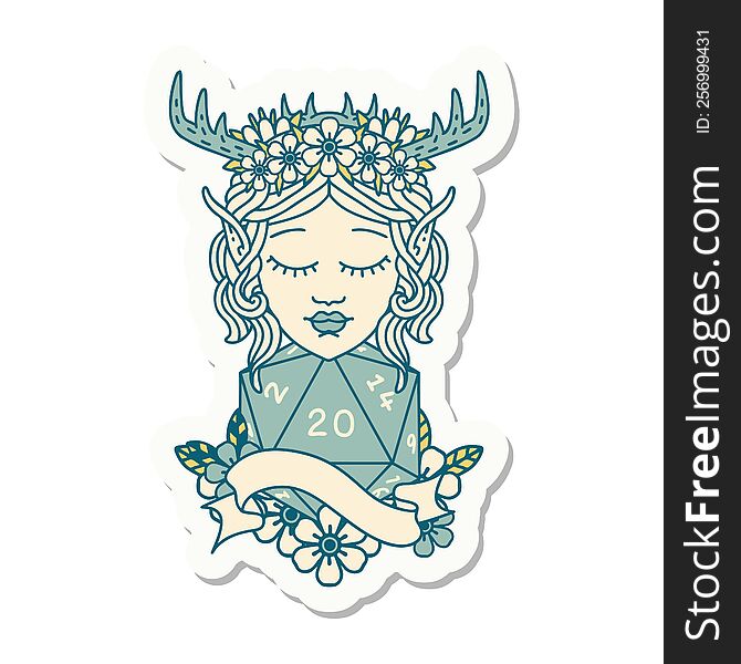 sticker of a elf druid with natural twenty dice roll. sticker of a elf druid with natural twenty dice roll