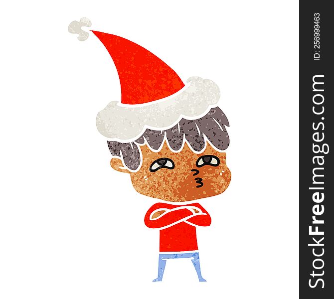 hand drawn retro cartoon of a curious man wearing santa hat