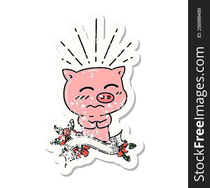 Grunge Sticker Of Tattoo Style Nervous Pig Character
