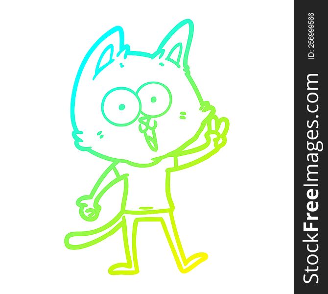 cold gradient line drawing of a funny cartoon cat giving peace sign