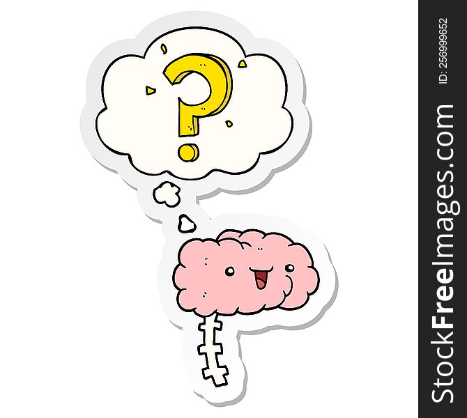cartoon curious brain with thought bubble as a printed sticker