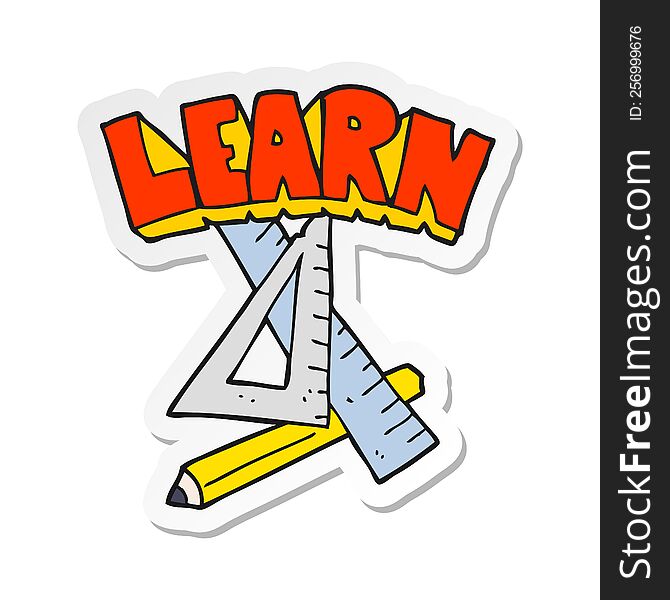 sticker of a cartoon pencil and ruler under Learn symbol