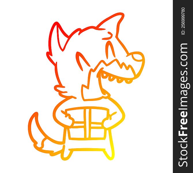 warm gradient line drawing of a laughing christmas fox cartoon