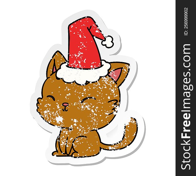 Christmas Distressed Sticker Cartoon Of Kawaii Cat