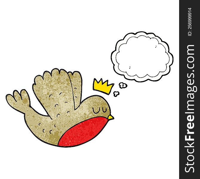 freehand drawn thought bubble textured cartoon flying christmas robin with crown