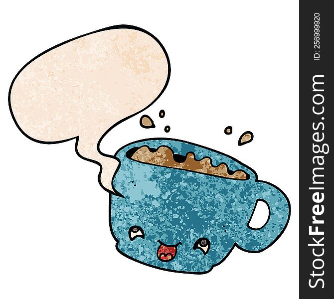 cartoon cup of coffee and speech bubble in retro texture style