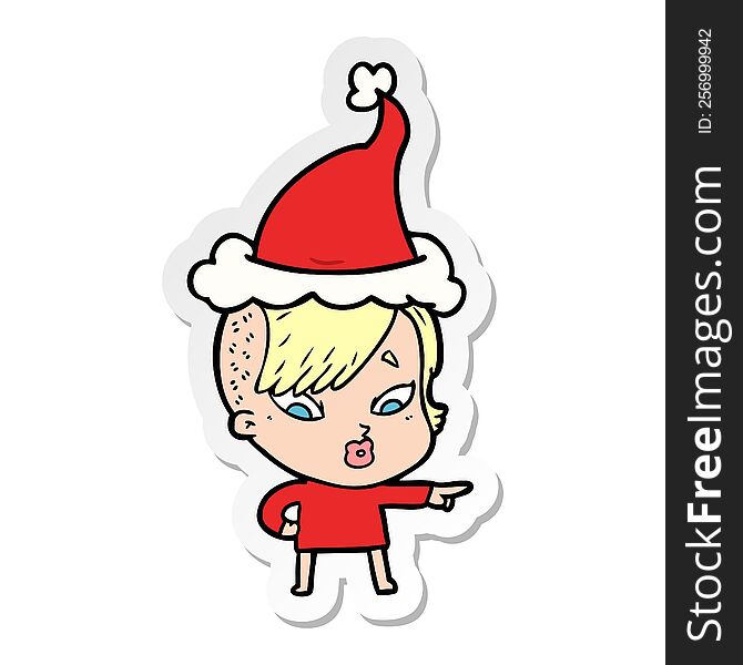 Sticker Cartoon Of A Surprised Girl Pointing Wearing Santa Hat