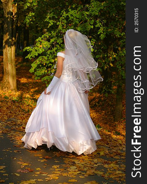 The beautiful bride in autumn park