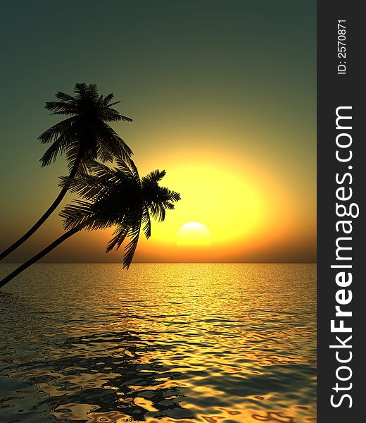Sunset coconut palm trees on ocean coast - 3d illustration. Sunset coconut palm trees on ocean coast - 3d illustration.