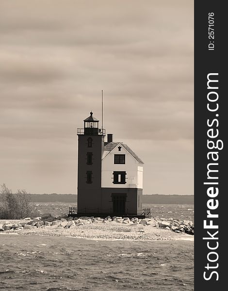 Historic light house at Round island in the middle of lake Huron