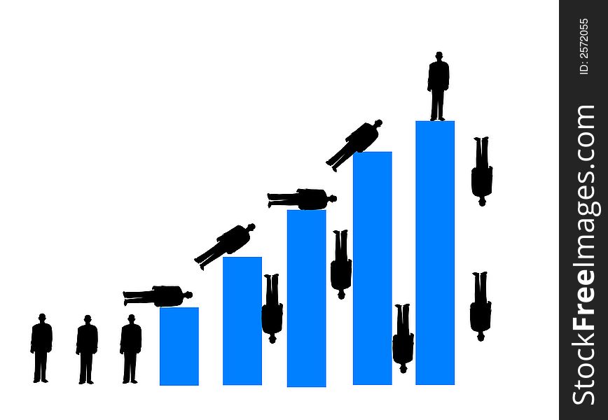 A bar draph with corporate types climbing and falling off of it. 2D graphic conceptual illustration. A bar draph with corporate types climbing and falling off of it. 2D graphic conceptual illustration